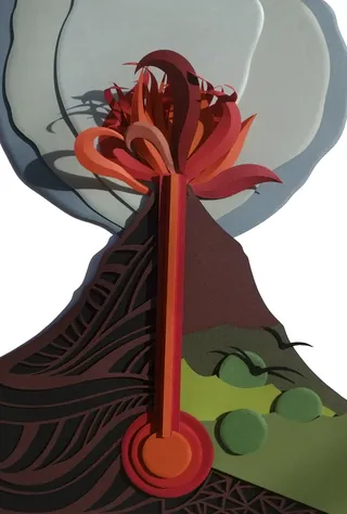 Abstract volcano sculpture with red and brown shapes by Martha von Maydell