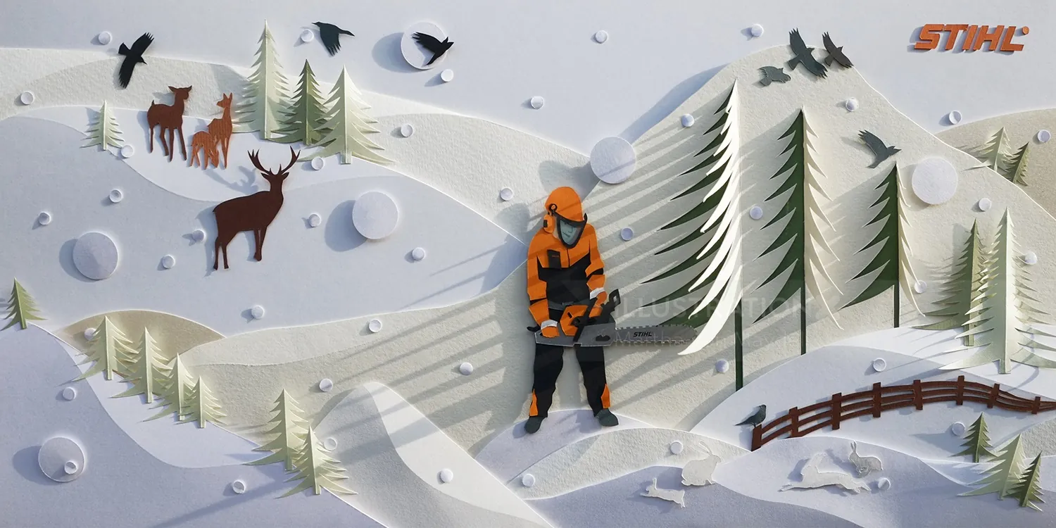 Paper-crafted winter forest with person using chainsaw, by Martha von Maydell