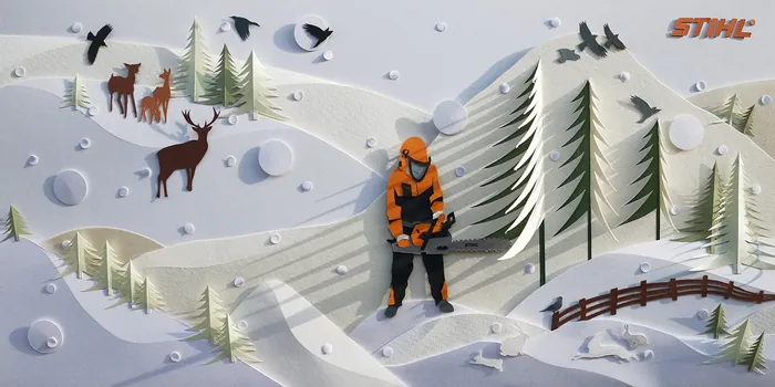 Paper-crafted winter forest with person using chainsaw, by Martha von Maydell