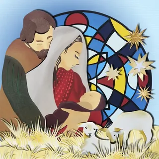 Nativity scene with Mary, Joseph, baby Jesus, lambs, and stained glass stars by Martha von Maydell