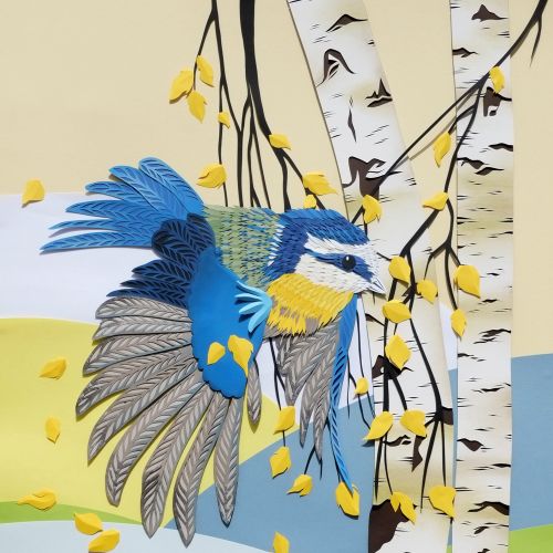 Blue bird flying near birch trees with yellow leaves by Martha von Maydell