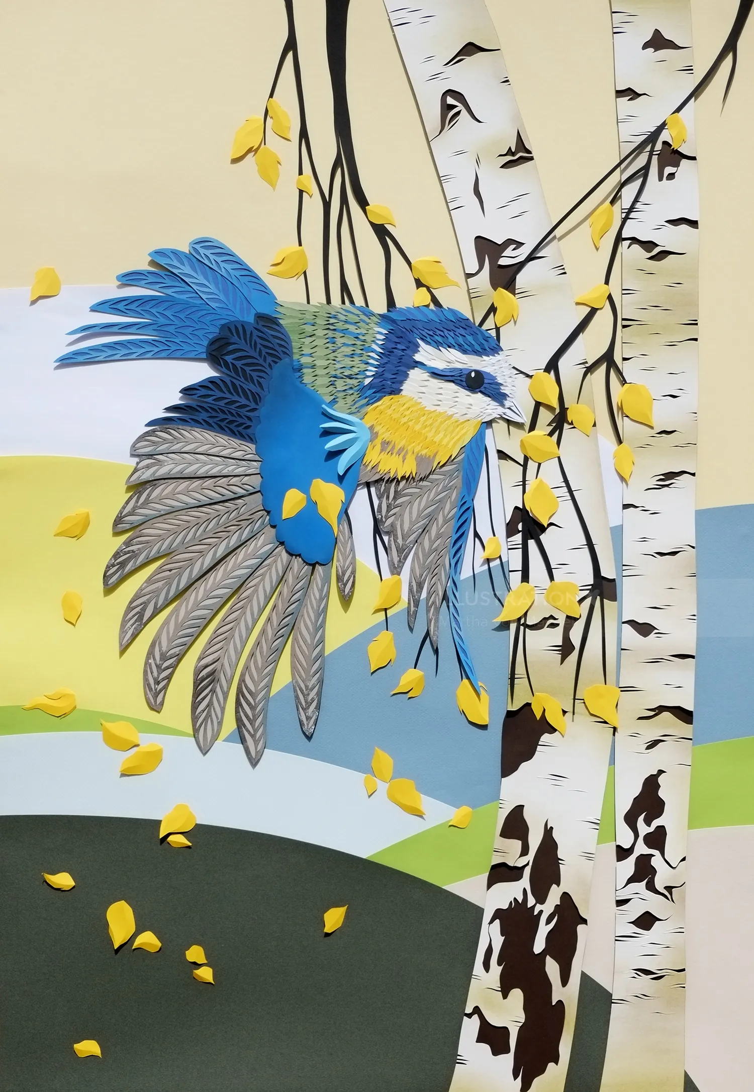 Blue bird flying near birch trees with yellow leaves by Martha von Maydell