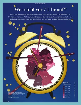 Infographic of German voter turnout by region on an alarm clock, by Martha von Maydell