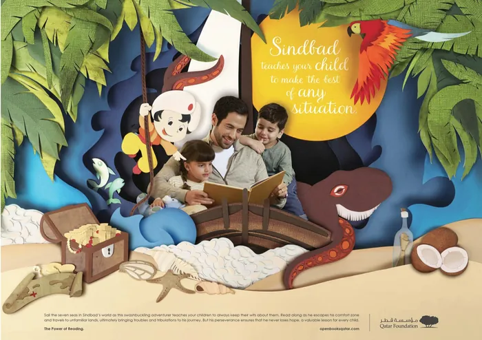 Family reading book with octopus and tropical paper-cut design by Martha von Maydell