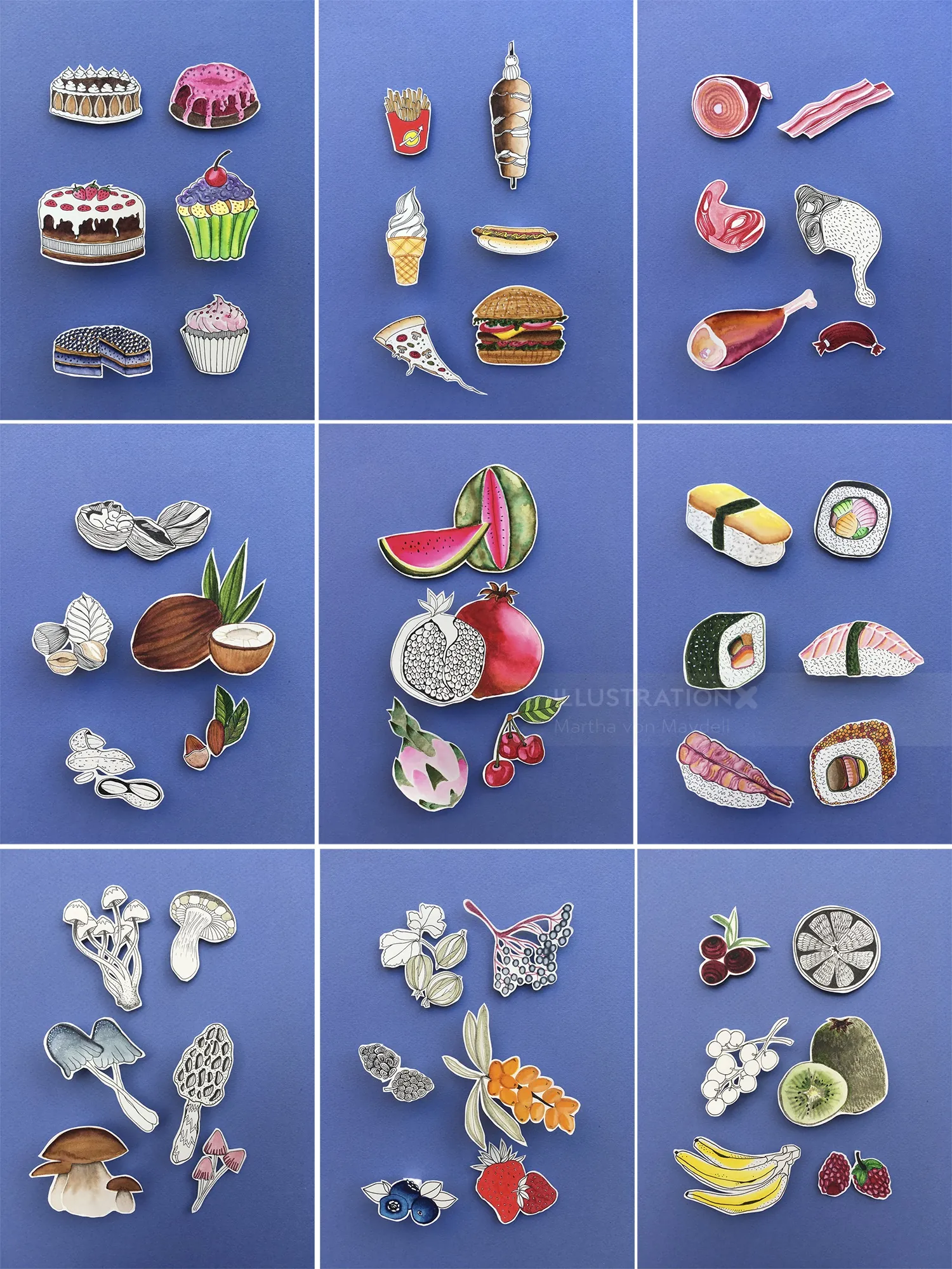 Enamel pins of food, fruits, flowers, and animals by Martha von Maydell