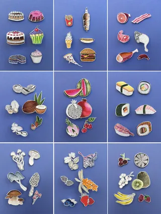 Enamel pins of food, fruits, flowers, and animals by Martha von Maydell