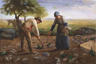 People couple clearing plastic