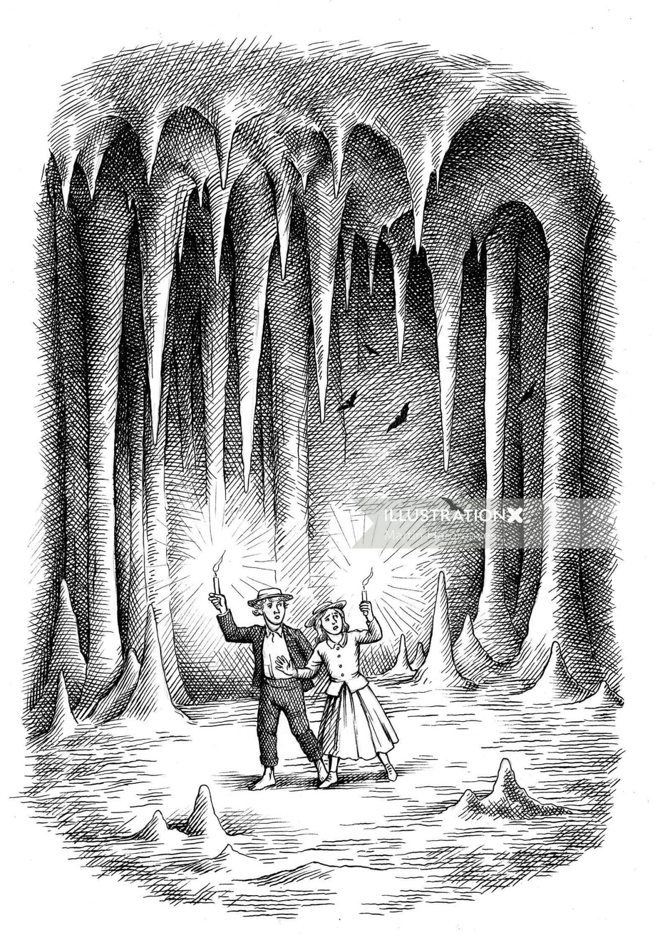Couple noir et blanc dans la grotte