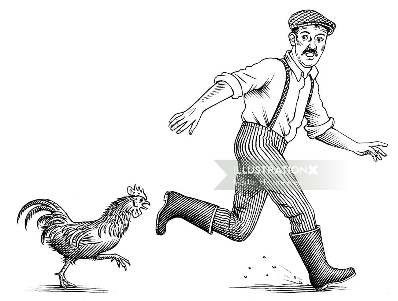 Hombre blanco y negro huyendo de gallo