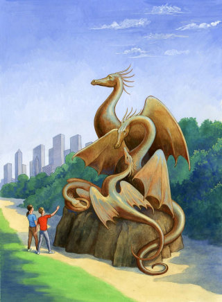 Pessoas observando a estátua do dragão