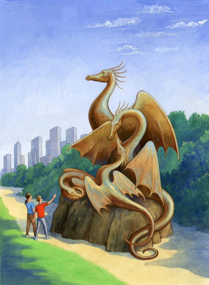 Gente mirando la estatua del dragón