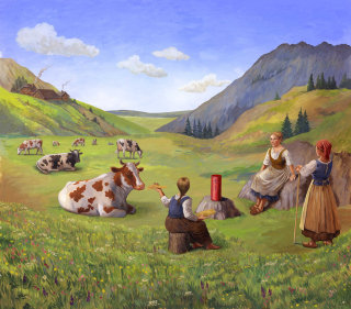 Des gens assis avec des vaches