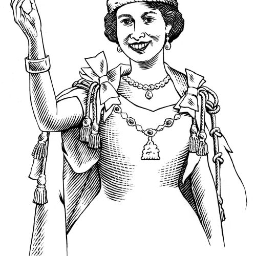Illustration of Queen Elizabeth II in crown and regal robes by Martin Hargreaves