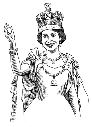 Illustration of Queen Elizabeth II in crown and regal robes by Martin Hargreaves
