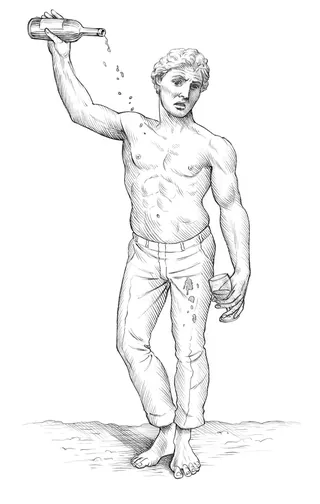 Pencil sketch of a shirtless young man pouring water from a bottle by Martin Hargreaves