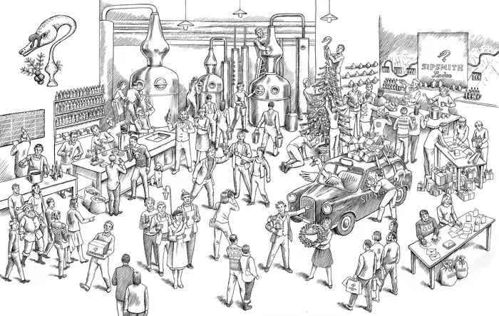 Black and white distillery scene with workers and visitors, detailed illustration by Martin Hargreav