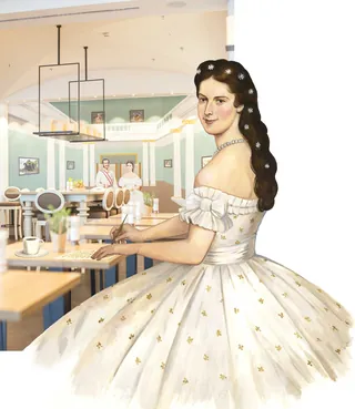 Victorian woman in white dress sitting at a table with a cafe background by Martin Hargreaves