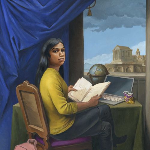 Woman reading book near window with city view, globe, laptop, and teacup by Martin Hargreaves
