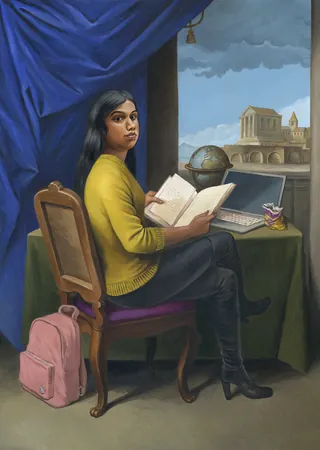 Woman reading book near window with city view, globe, laptop, and teacup by Martin Hargreaves