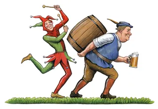 Medieval jester chasing peasant with beer barrel and mug by Martin Hargreaves