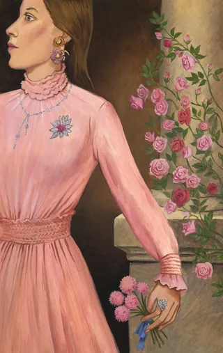 Portrait of woman in pink dress with pink roses by Martin Hargreaves