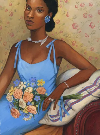 Seated woman in blue dress holding bouquet of flowers by Martin Hargreaves
