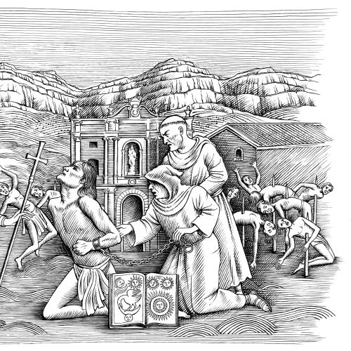 Black and white religious judgment scene illustration by Martin Hargreaves