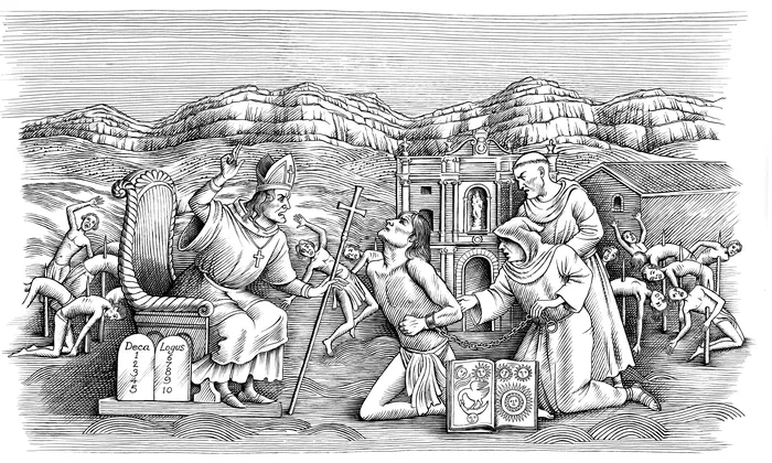 Black and white religious judgment scene illustration by Martin Hargreaves