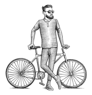 Illustration of a bearded man leaning on a bicycle by Martin Hargreaves
