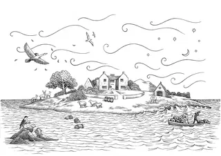 Pen and ink drawing of island with houses, animals, birds, and boat by Martin Hargreaves