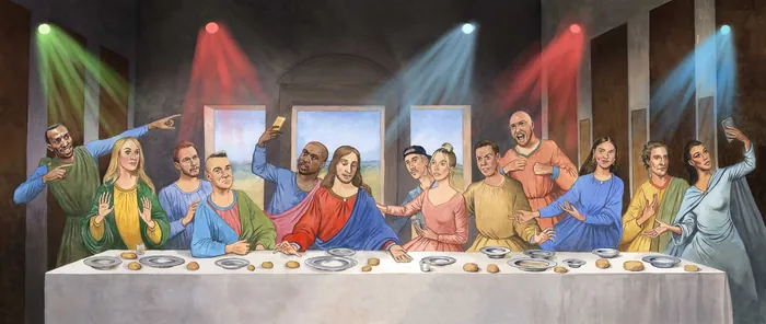 Modern Last Supper painting with diverse figures by Martin Hargreaves