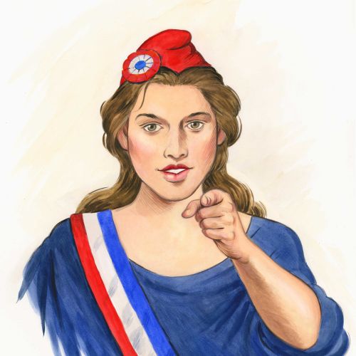 Woman in French Revolution outfit pointing directly, artwork by Martin Hargreaves