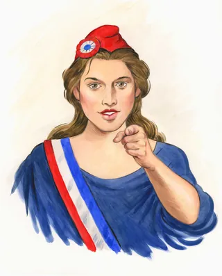 Woman in French Revolution outfit pointing directly, artwork by Martin Hargreaves