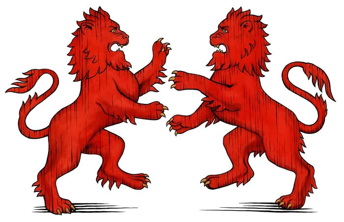 Two red heraldic lions standing and facing each other by Martin Hargreaves