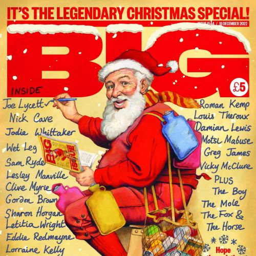 Santa Claus with sack on Big Issue magazine cover by Martin Hargreaves