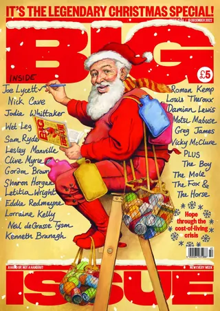 Santa Claus with sack on Big Issue magazine cover by Martin Hargreaves