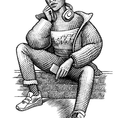 Black and white drawing of woman sitting on steps, thoughtful pose by Martin Hargreaves