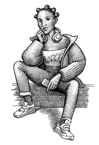 Black and white drawing of woman sitting on steps, thoughtful pose by Martin Hargreaves
