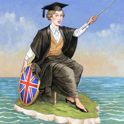 Woman in academic gown holding Union Jack shield by the sea by Martin Hargreaves