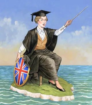 Woman in academic gown holding Union Jack shield by the sea by Martin Hargreaves