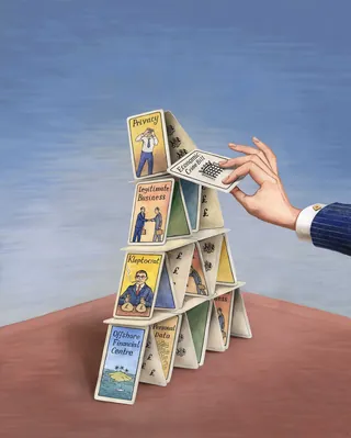 House of cards with financial illustrations by Martin Hargreaves