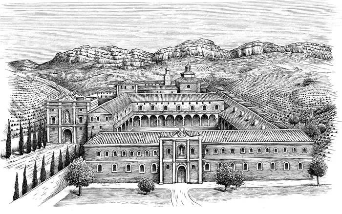 Monastery complex with surrounding trees and mountains by Martin Hargreaves