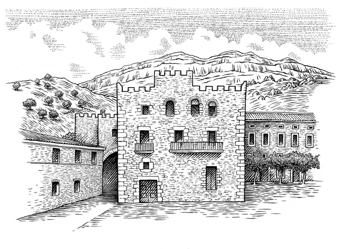 Black and white drawing of medieval stone castle and mountains by Martin Hargreaves