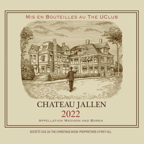 Chateau Jallen 2022 wine label showing estate and figure by Martin Hargreaves
