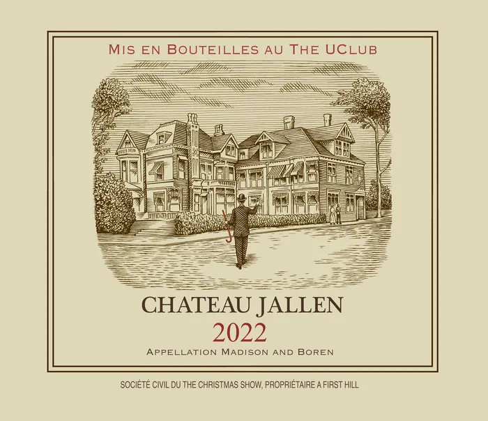 Chateau Jallen 2022 wine label showing estate and figure by Martin Hargreaves