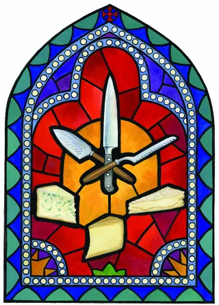 Stained glass window with clock hands and geometric colorful shapes by Martin Hargreaves