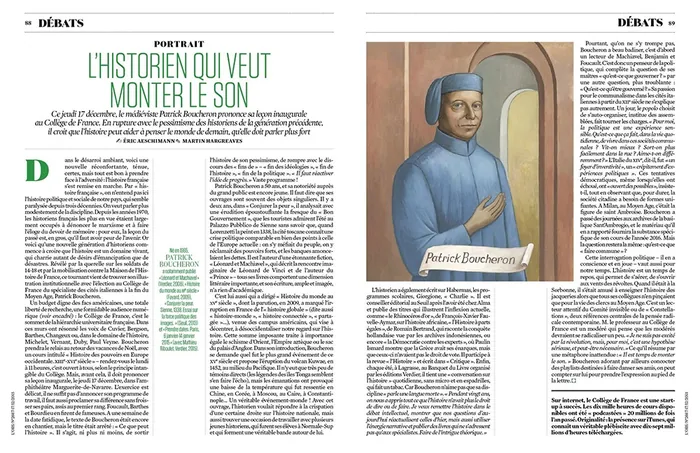 Magazine article featuring historian Patrick Boucheron and illustrated portrait