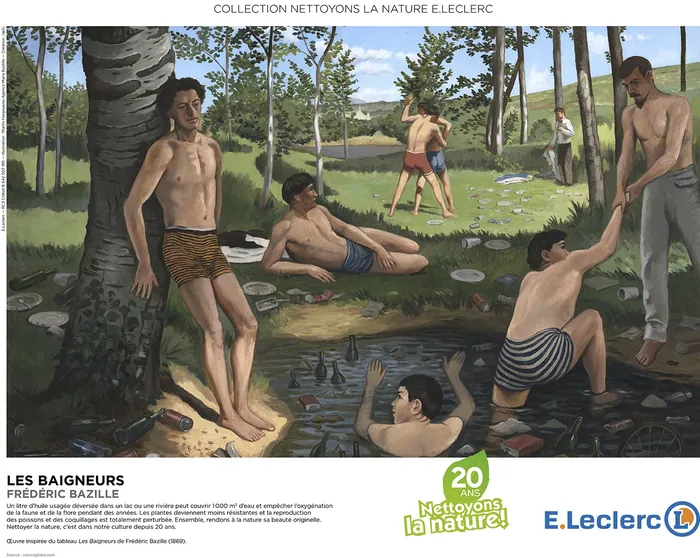 Men swimming and resting by a forest river