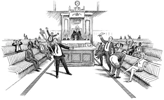 Courtroom with people shouting and disrupting a trial