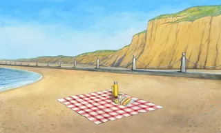 Picnic blanket, sandwich, and bottle on sandy beach near cliffs